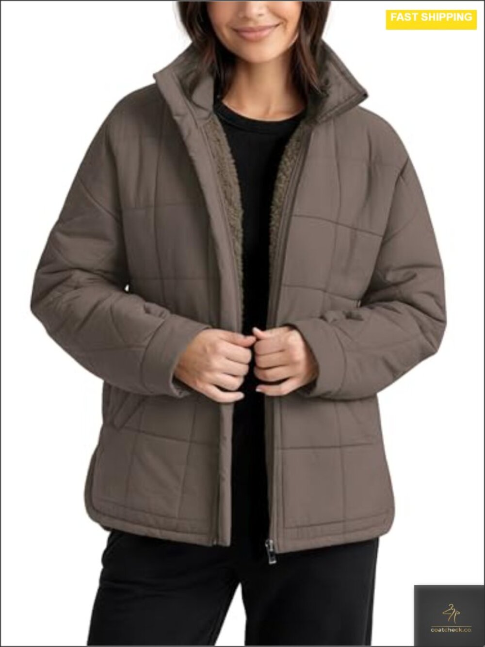 Sherpa Lined Insulated Quilted Jacket Full Zip Pockets